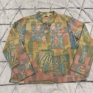 Orvis Colorful Cotton Jacket Button Down Womens Large Abstract Long Sleeve